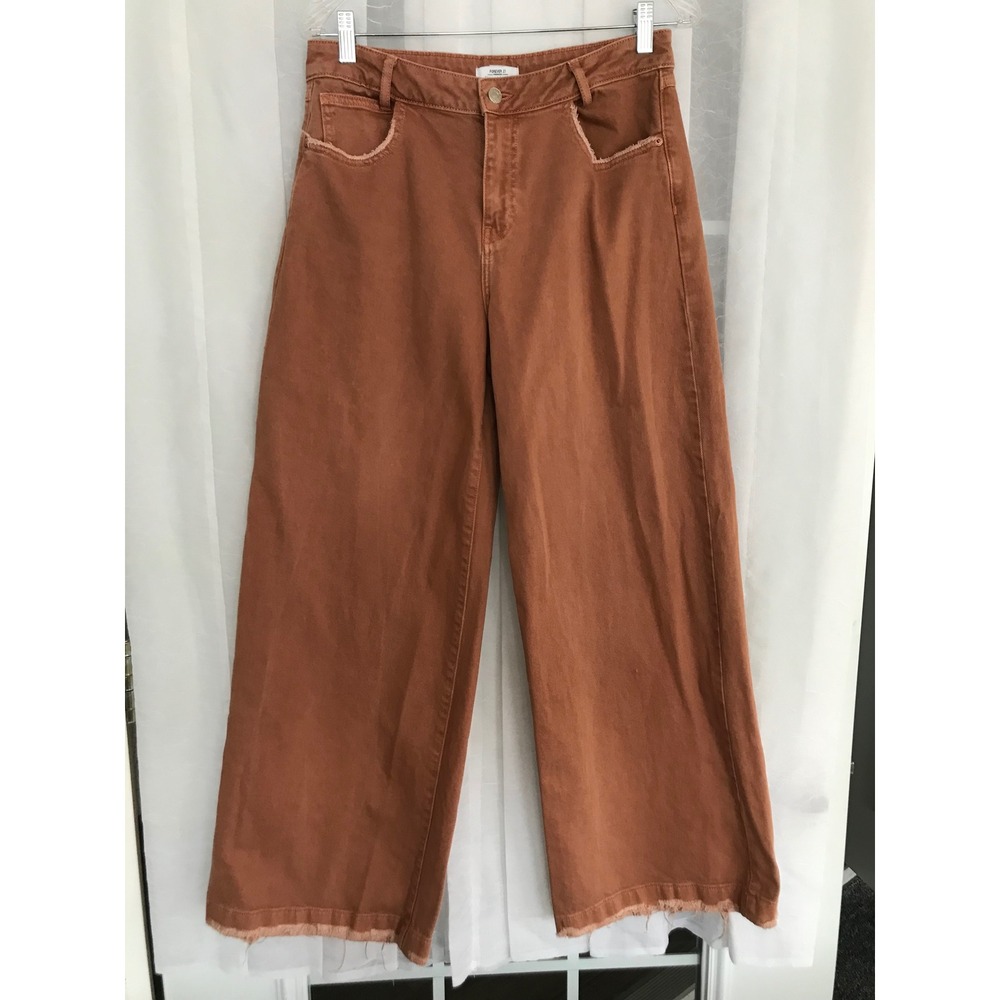 Forever 21 Premium Mid Rise Wide Leg Pants Terracotta Orange Raw Hem 28 NWOT